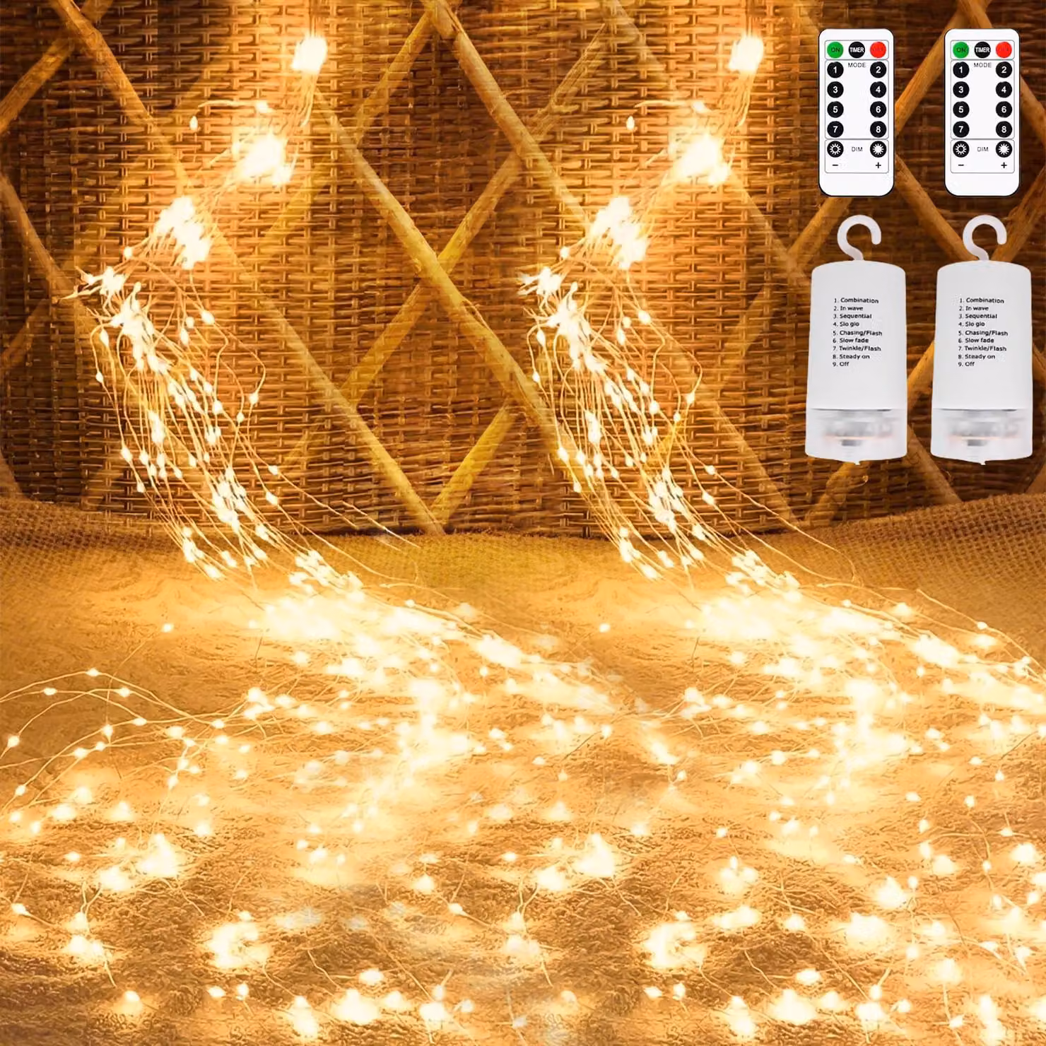 Catena luminosa a cascata d'acqua, luce bianco caldo, 2 metri, 200 LED, 8 modalità, grado di protezione IP66