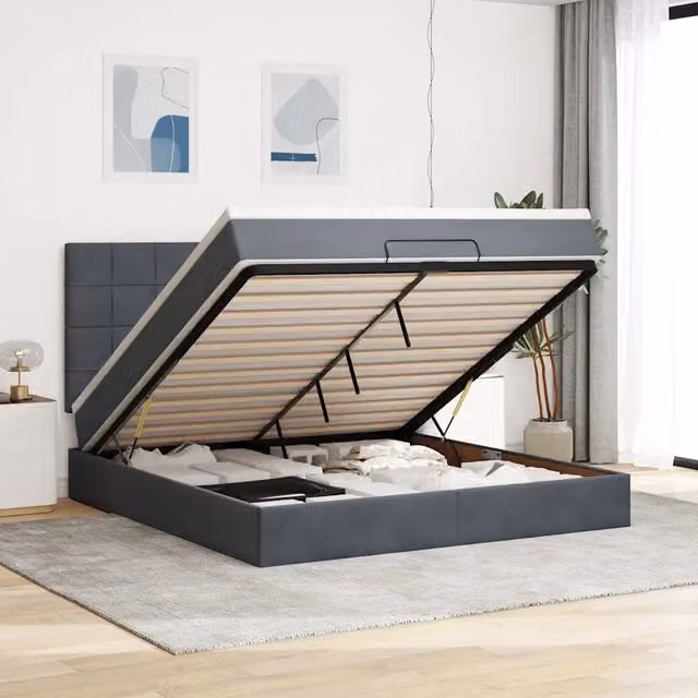 Letto con contenitore a sollevamento vidaXL in velluto grigio e bianco con illuminazione sottostante e porta USB L/P/H: 180 x 203 x 128 cm