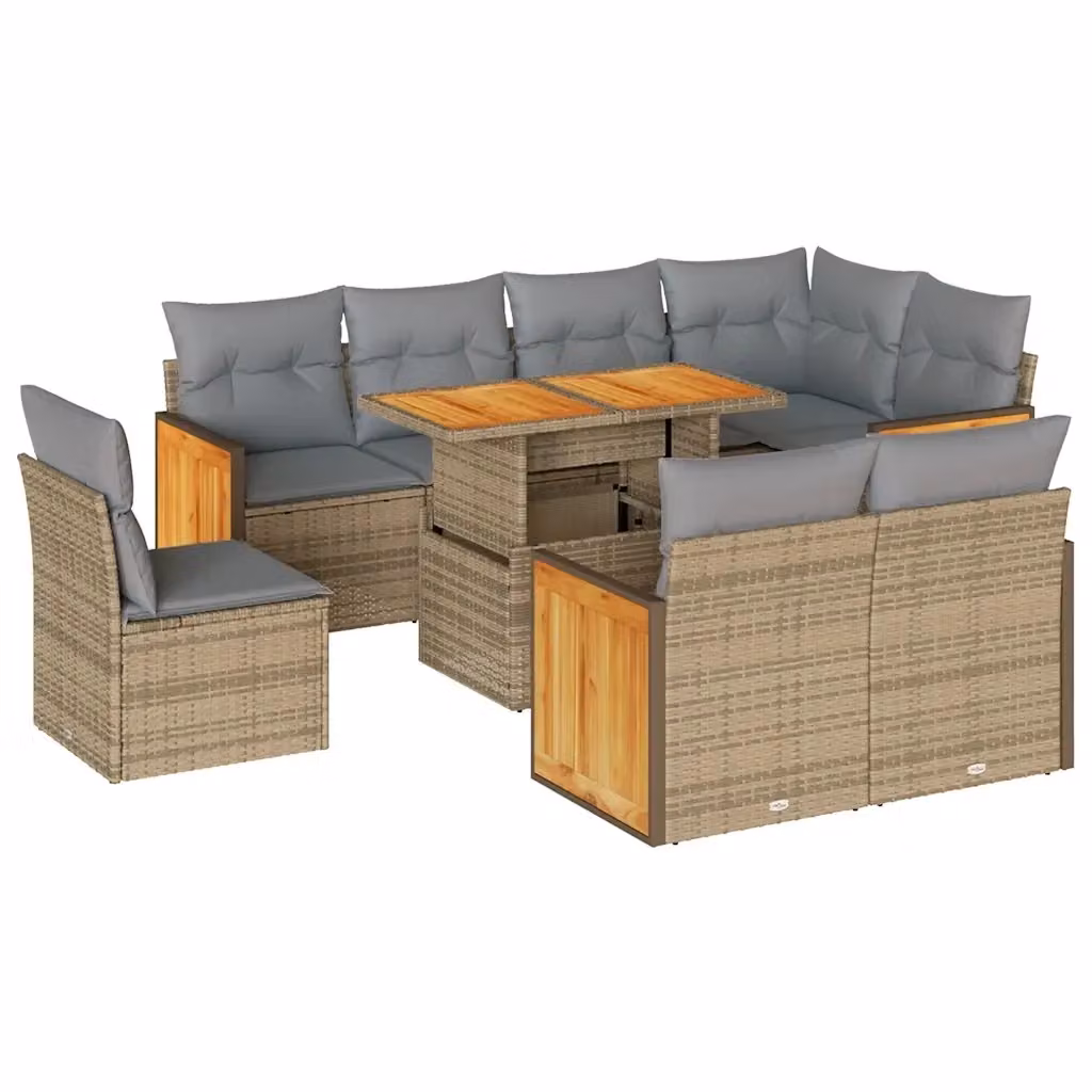 Set Divano da Giardino vidaXL 9 pz in Polyrattan e Legno di Acacia con Cuscini Beige e Grigio – 2