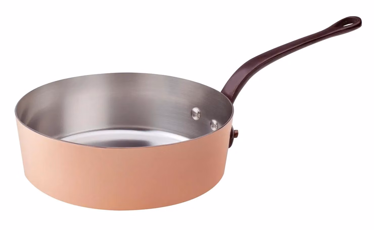 Casseruola Bassa in rame liscio stagnato a mano 2mm, un manico in ottone fuso, diam. 24cm