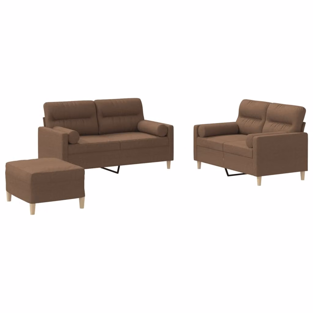 Set di Divani 3 pz con Cuscini Marrone in Tessuto