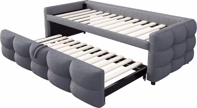 Letto estraibile Teddy con rete, disponibile in versione singolo 90x190 cm o matrimoniale 180x190 cm, rivestimento in tessuto grigio, senza materasso – 1