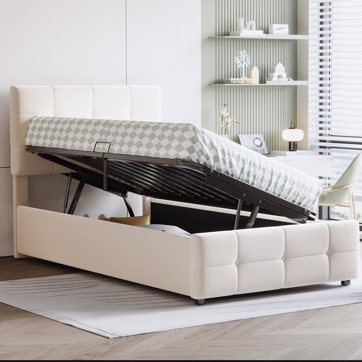 Letto imbottito 90x200 cm con spazio contenitore a sollevamento idraulico, poggiatesta regolabile in altezza, 12 listelli, rivestito in velluto, capacità di carico fino a 200 kg, colore beige