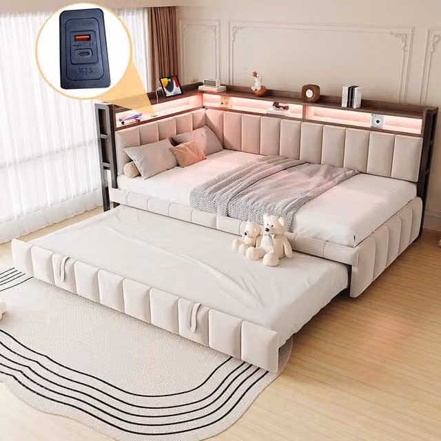 Divano letto 90x200cm?- Xylo - gigogne LED USB velluto beige