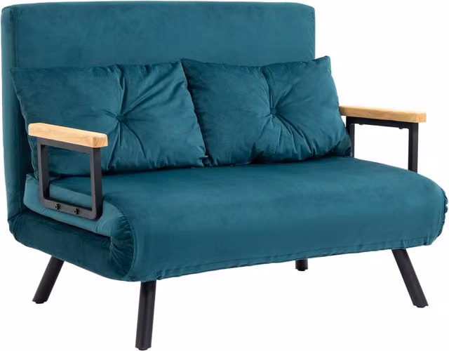 Divano letto 2 posti trasformabile in velluto verde petrolio, schienale regolabile a 5 livelli con 2 cuscini imbottiti per casa