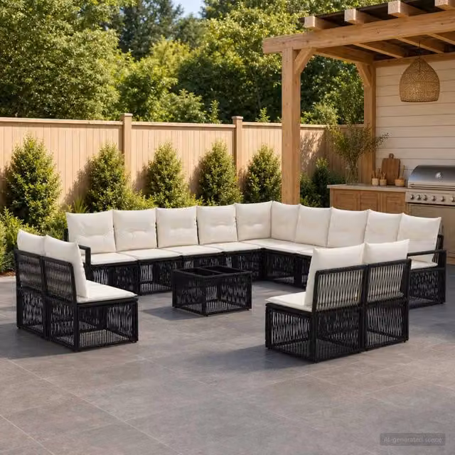 Set Divano da Giardino a Forma di U vidaXL Nero con Cuscini e Tavolino
