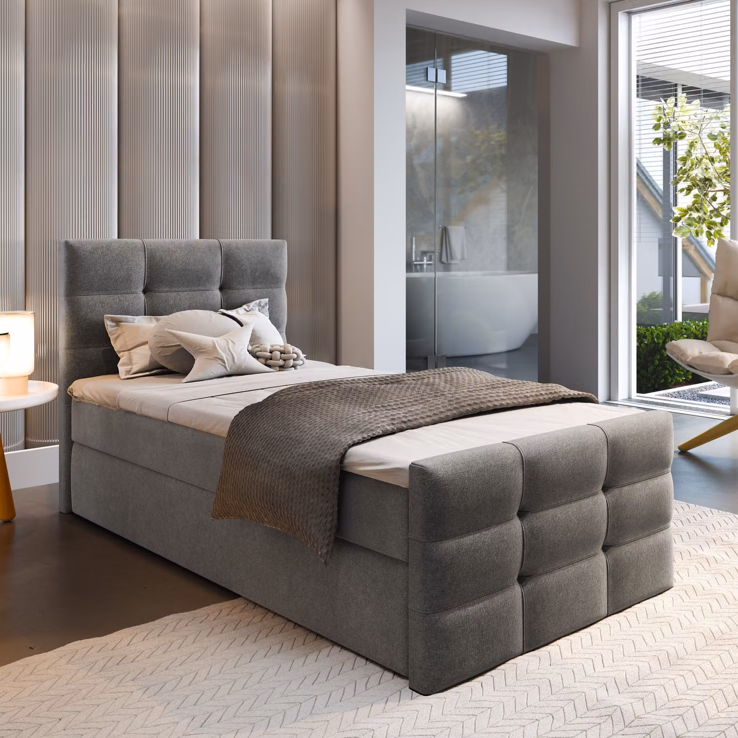 Letto a molle Masseno AMON 100 100x200 cm completo di materasso e topper Bonell, letto imbottito con cassettiera - grigio, COSMIC 160