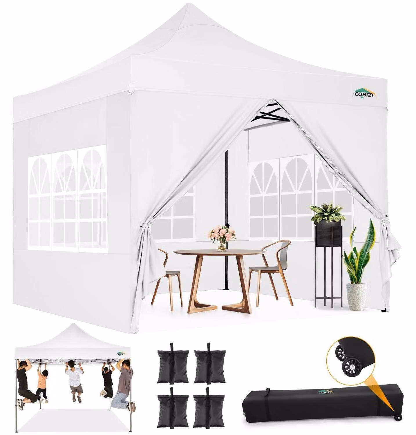 Gazebo da esterno 3x3 metri, impermeabile, stabile, resistente alle intemperie invernali, con 4 pannelli laterali e borsa per ruote, colore bianco