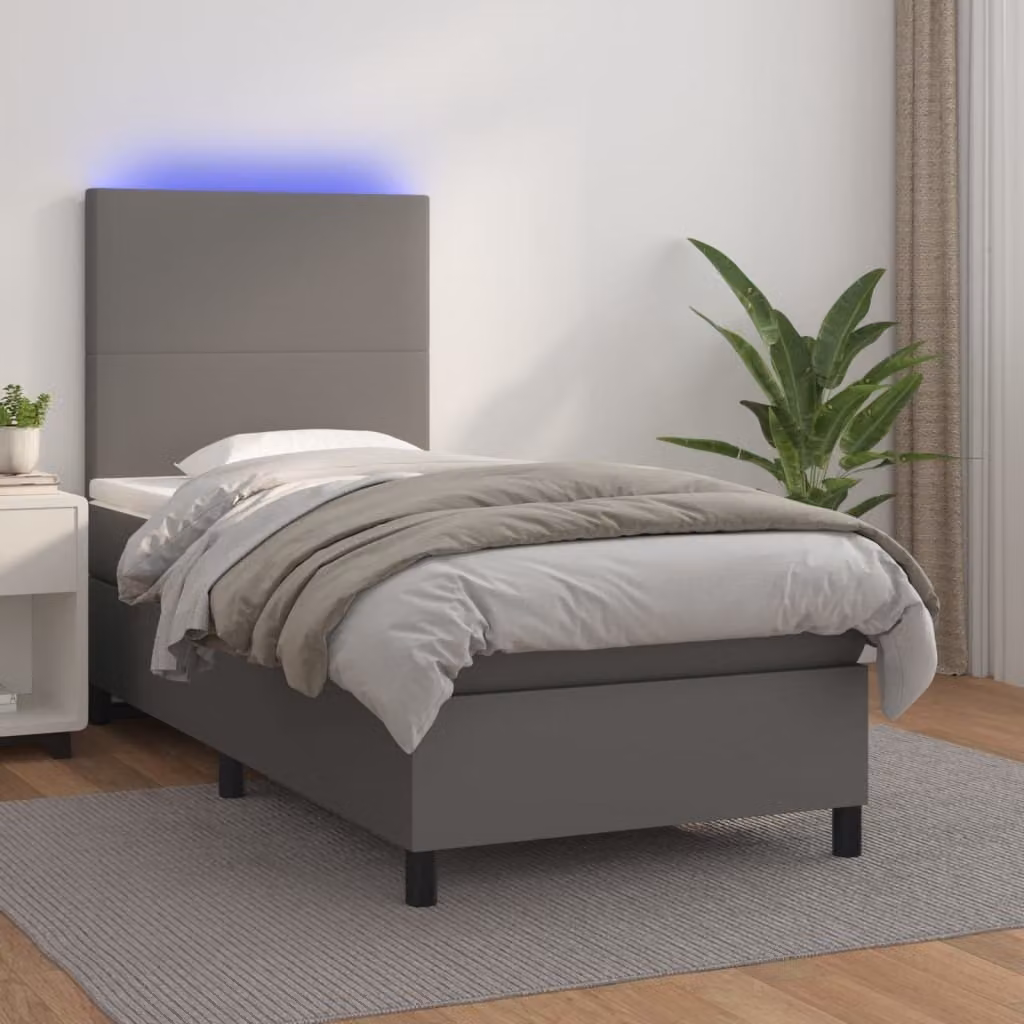 The Living Store Letto a molle con materasso e LED grigio 90x200 cm in ecopelle
