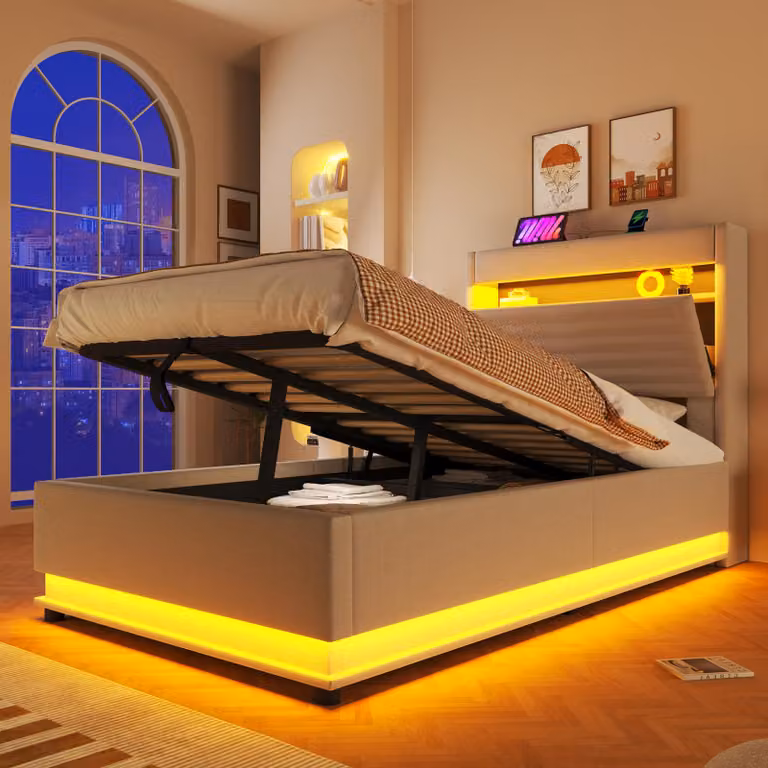 Letto idraulico Flieks con materasso imbottito 90x200 cm con LED, letto singolo con contenitore, porta USB e Type-C, letto per ragazzi con contenitore e rete a doghe, tessuto in lino, beige