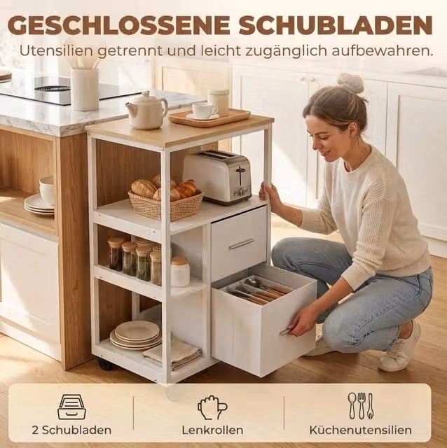 Carrello da cucina mobile bianco con 2 cassetti e ripiano aperto, ruote con freni, 53x37x89 cm