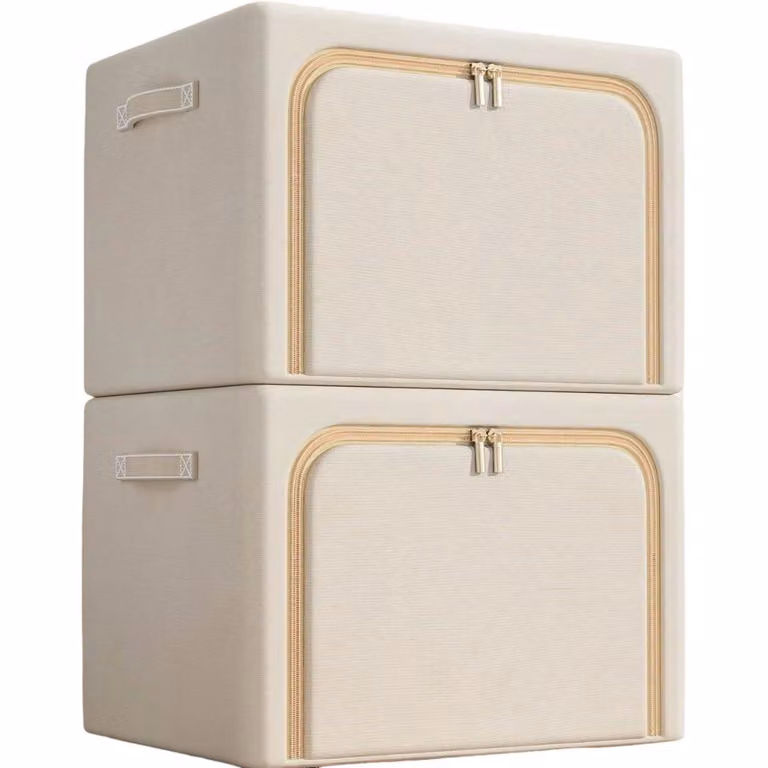 set di 2 scatole portaoggetti in tessuto Oxford, impermeabile, pieghevole, 100L, scomparti, per vestiti e guardaroba, senza finestra, beige