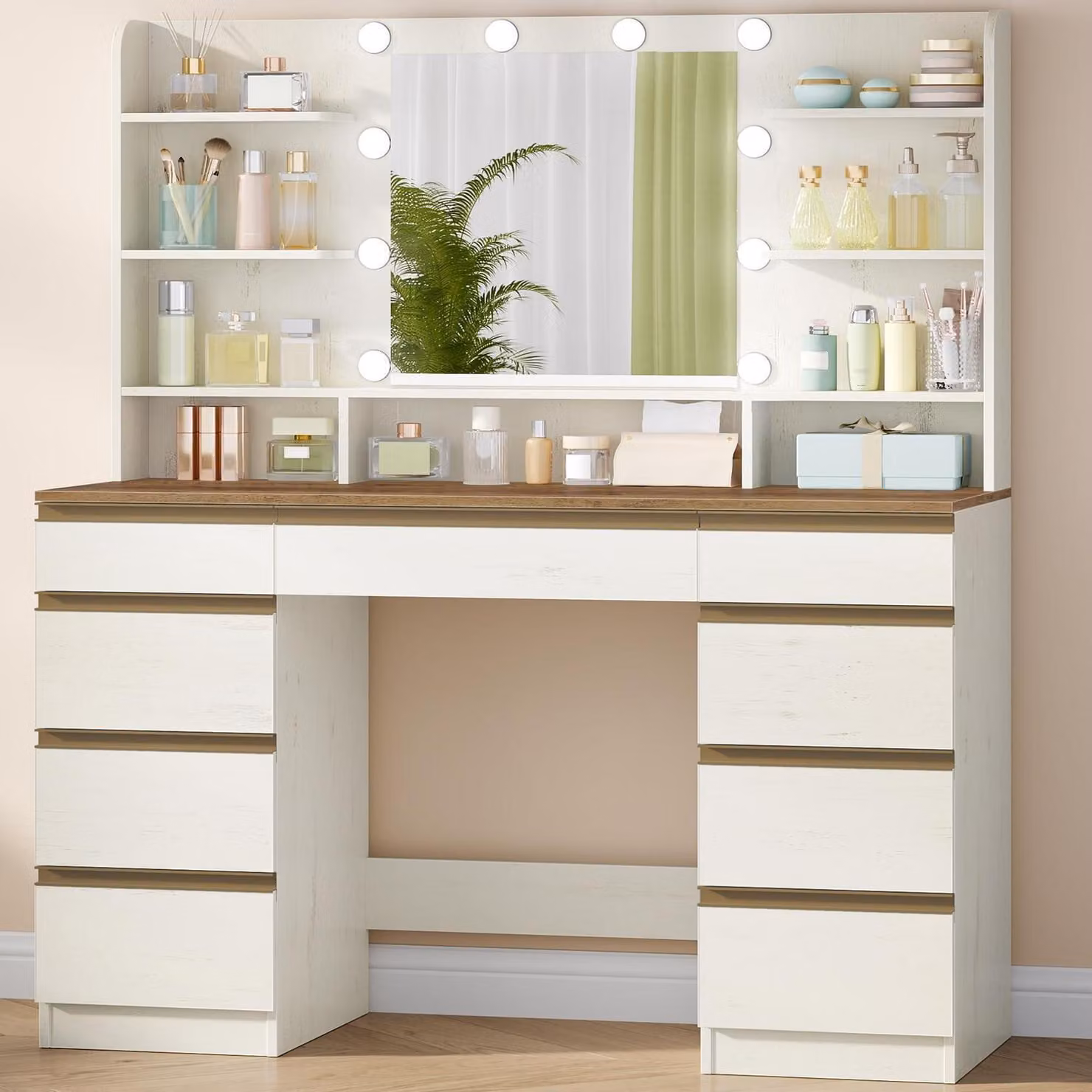 Comò da trucco con illuminazione a LED, 3 tonalità di luce, intensità regolabile, specchio, 9 cassetti, 9 ripiani, colore bianco e marrone