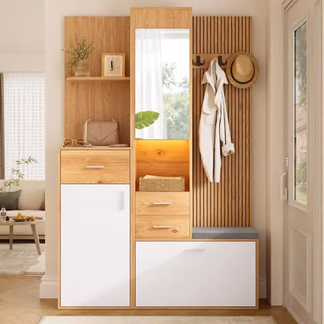 Set di mobili da ingresso MIVRAY con scarpiera a ribalta, panca e specchio con LED, bianco naturale, L 120 x P 32 x H 178 cm