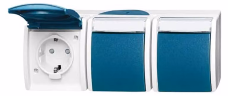 Busch-Jaeger 2300/3 EBW-53 Presa di corrente a tenuta stagna a 3 ingressi IP44 a montaggio esterno orizzontale grigio chiaro/blu-verde Oceano