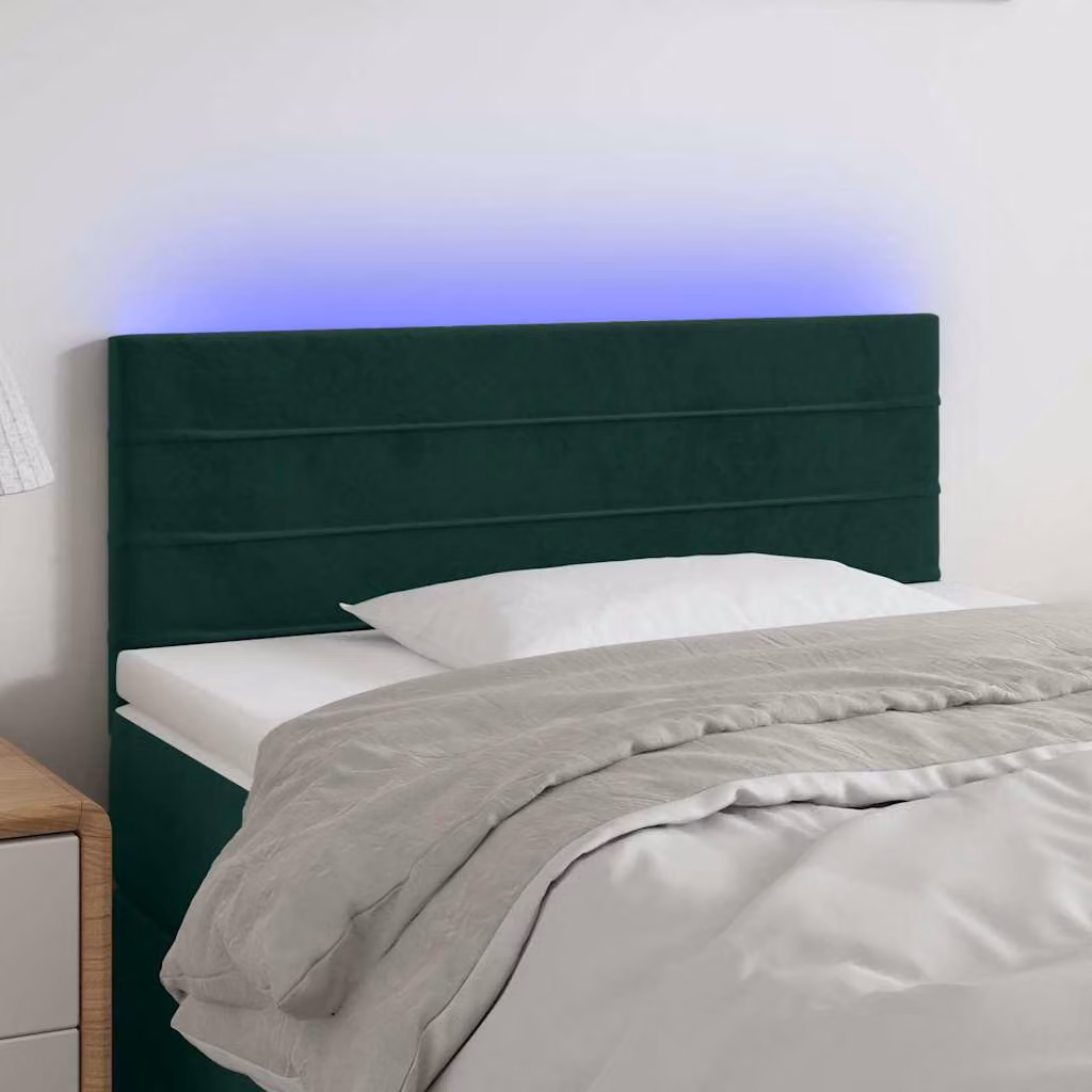 Testiera per letto vidaXL in velluto verde scuro con illuminazione LED integrata e porta di ricarica USB, L 100 cm, P 5 cm, H 78-88 cm