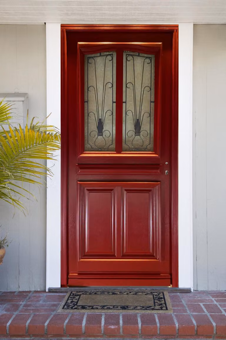 Porta d'ingresso in legno con vetrata Martine Rosso Porpora, H.215xL.90 cm, lato pannello P. sinistra, GD MENUISERIES