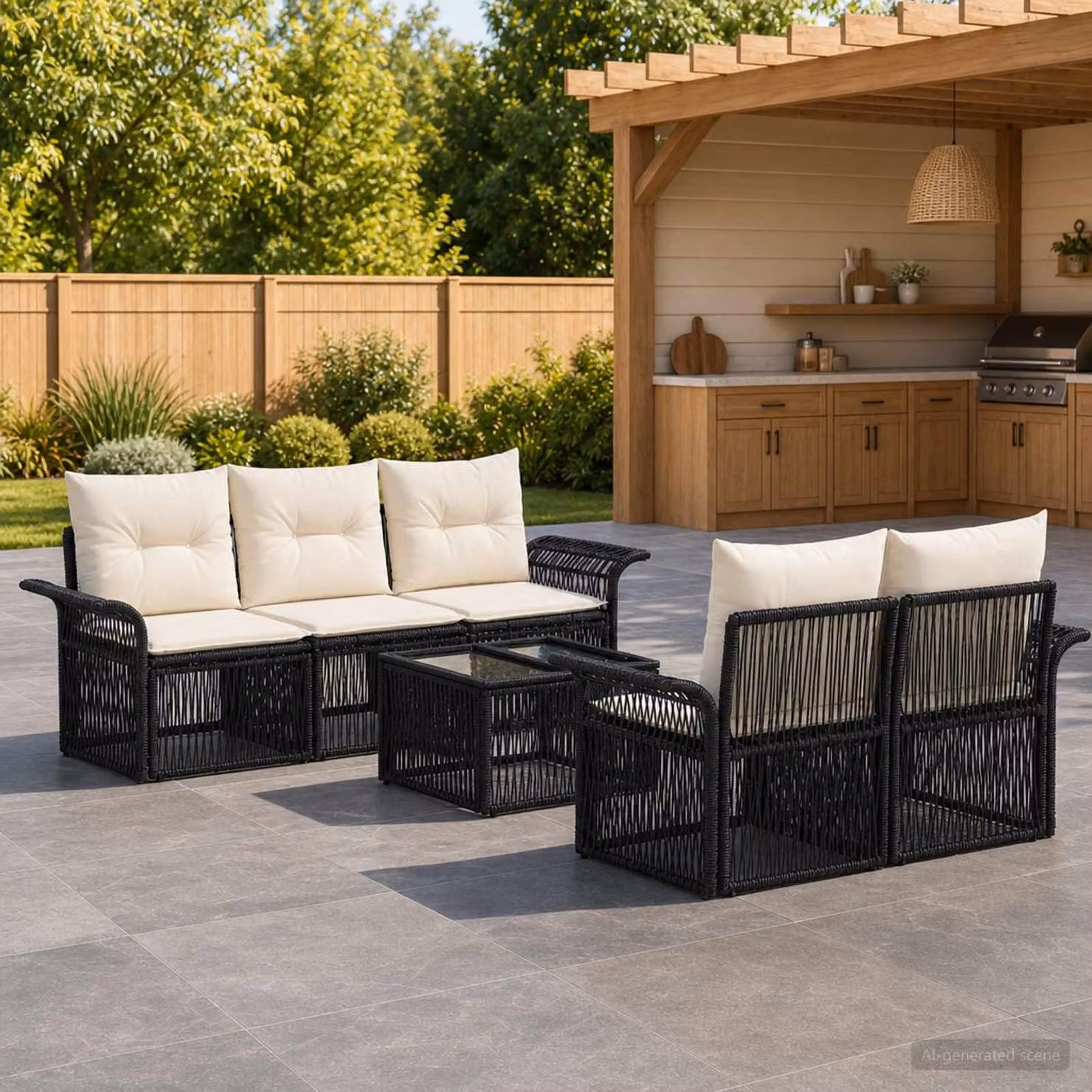 Set Divano da Giardino Moderno vidaXL in Polyrattan Nero con Tavolino e Cuscini