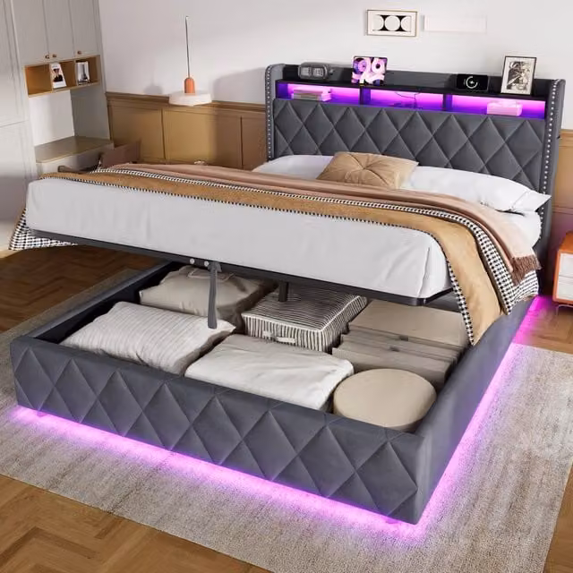 Letto matrimoniale contenitore idraulico 160x200 cm con LED e USB; velluto grigio scuro