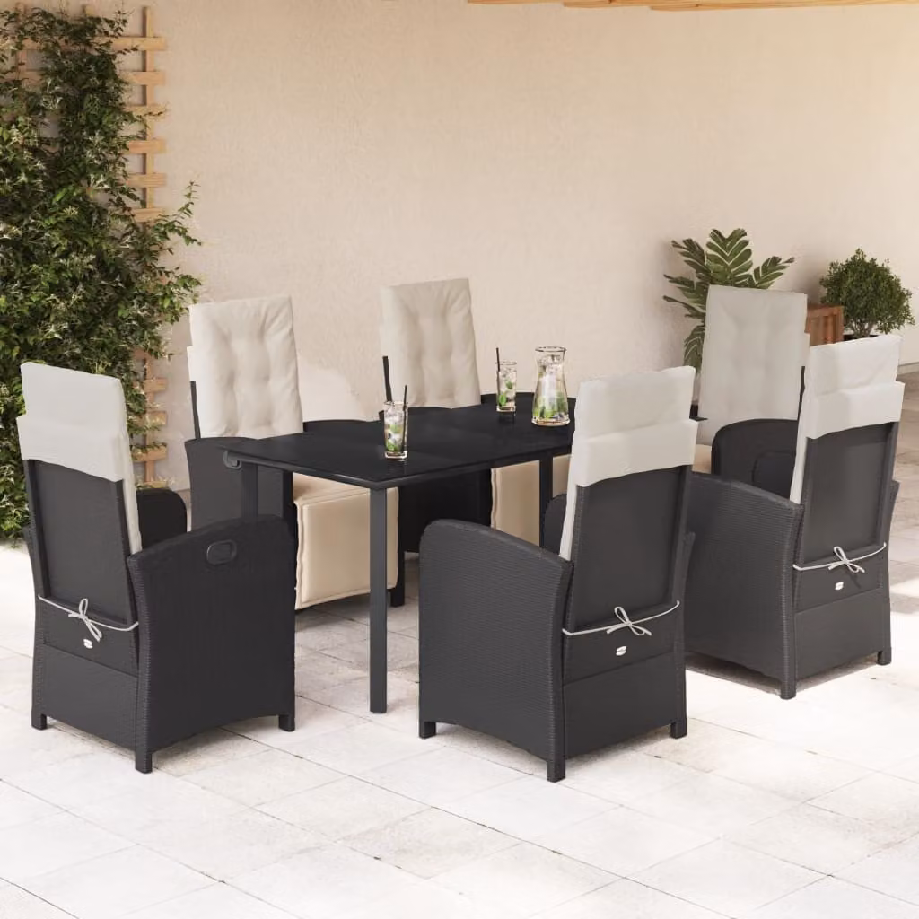 vidaXL Set da Pranzo da Giardino 7 pz in Polyrattan Nero con Cuscini e Tavolo in Vetro – 1
