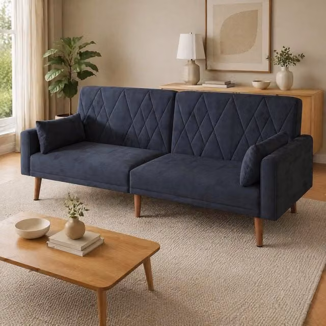 Divano letto a 2 posti in velluto nero; schienale e braccioli regolabili; 180x75x82 cm