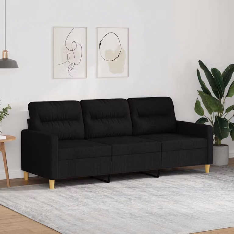 vidaXL Divano a 3 Posti Moderno in Tessuto Nero con Struttura in Metallo per Soggiorno L: 198 cm, P: 80 cm, H: 77 cm