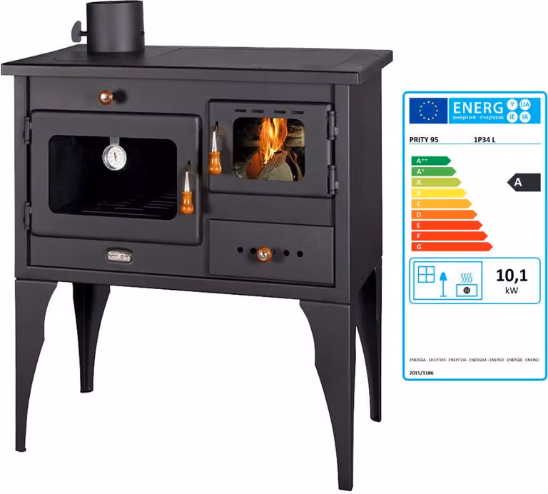 Stufa a legna Prity 1P34L – 10,1 kW, con forno e piastra in metallo, apertura a sinistra – Classe A