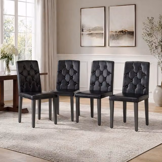 Set di 4 sedie da sala da pranzo OKWISH moderne con schienale trapuntato in ecopelle nera e gambe in metallo opaco – 1