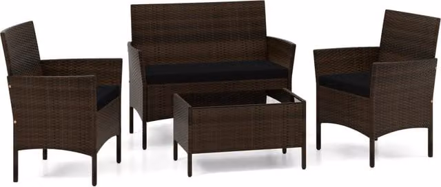 Set da conversazione in rattan per patio 4 pezzi con cuscini morbidi, Mobili da esterno modulari per giardino e veranda Nero