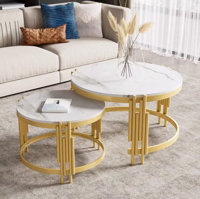 Tavolini bassi gigogni set da 2 71,5x71,5x44/51,5x51,5x37 cm bianco e oro, effetto marmo