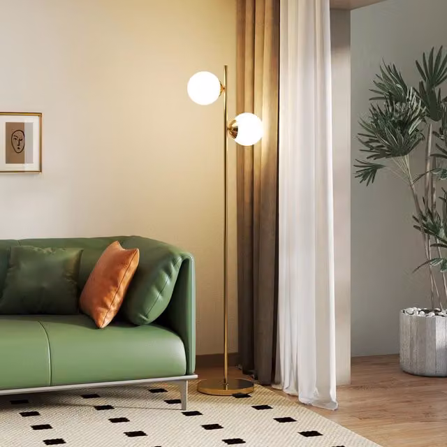 Lampada da terra Minimal con 2 luci e paralumi a sfera in oro e vetro, H 165 cm, L 28 cm, P 39 cm – 1