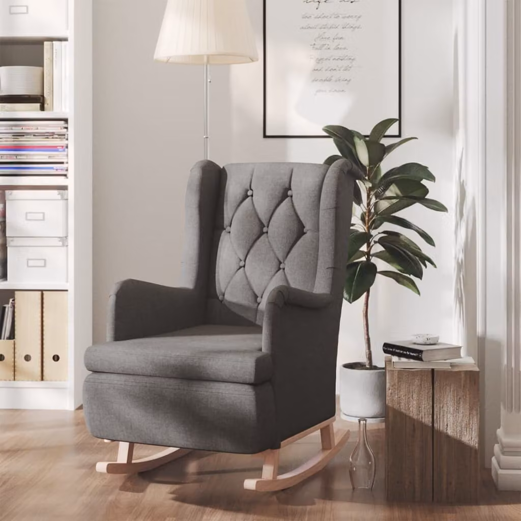 The Living Store Poltrona a dondolo con gambe in legno di gomma Tessuto grigio scuro