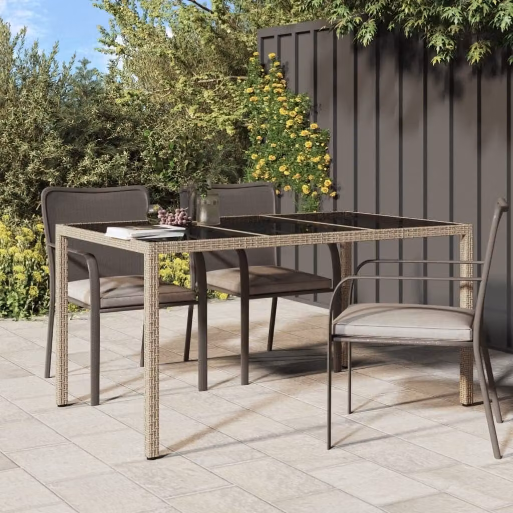 The Living Store Tavolo da giardino 150x90x75 cm Vetro temperato Poly Rattan Beige