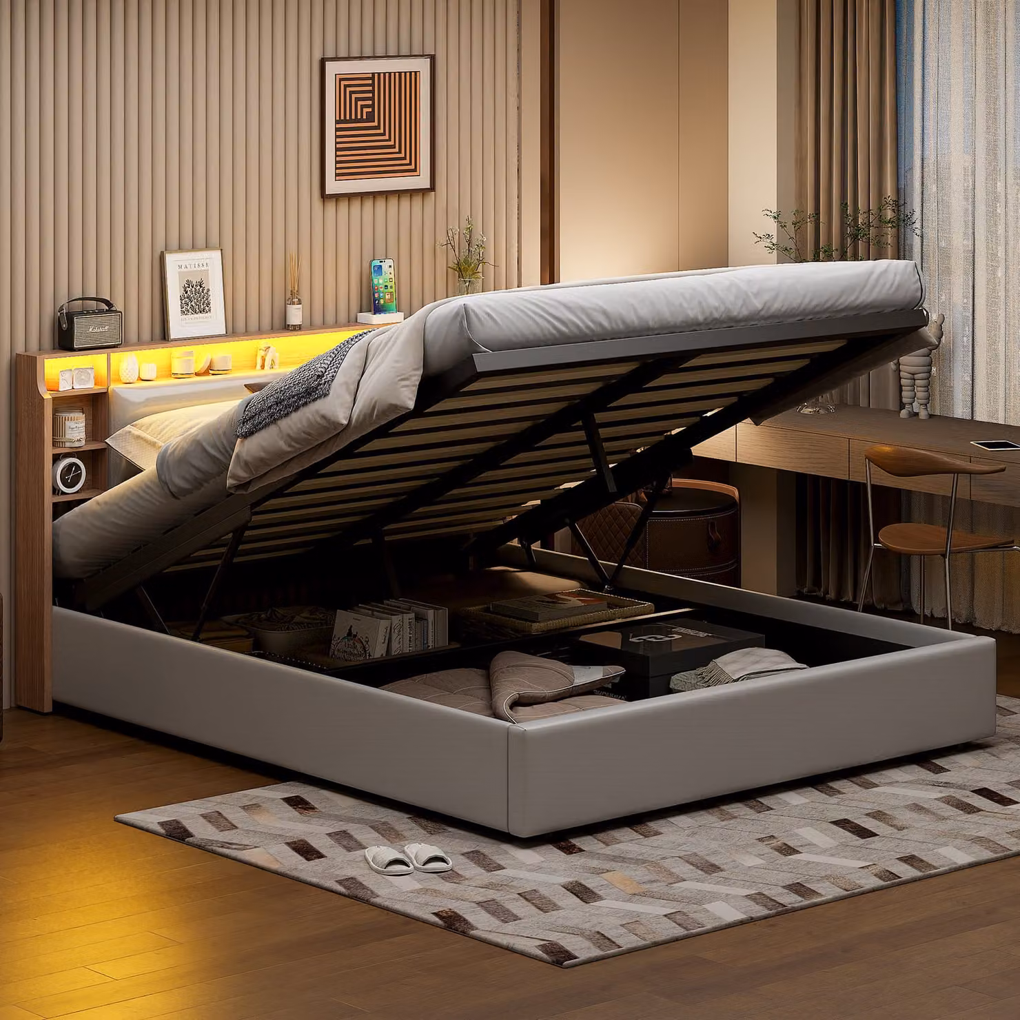 Letto imbottito 160 x 200 cm con contenitore testata e rete a doghe, letto a molle Letto contenitore idraulico con contenitore rete, letto per ragazzi letto matrimoniale, PU