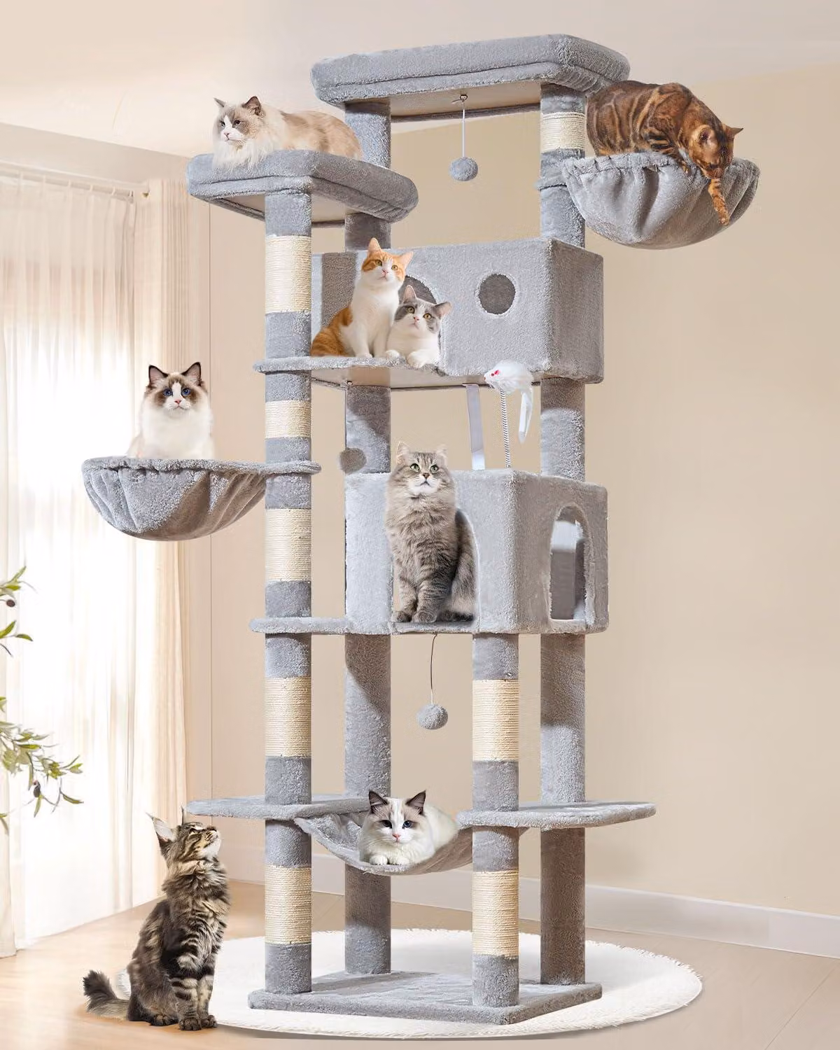 Albero per gatti Kratzbaum Große Katze XXL, 193 cm, con 7 pali per graffiare, 2 tane, 2 ceste, amaca, palline di peluche, ideale per gatti giocherelloni