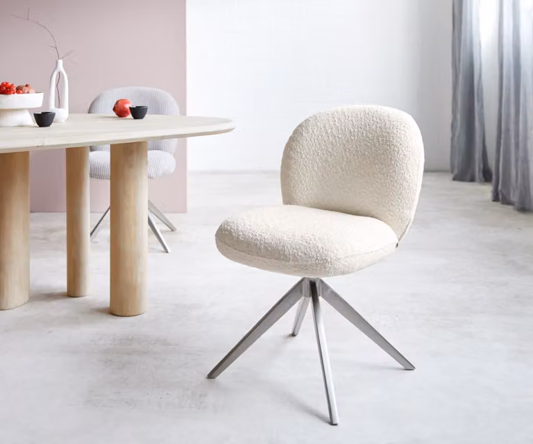 DELIFE Sedia girevole Nube-Flex Bouclé Bianco Struttura a croce larga in acciaio inox Girevole a 360° Molle insacchettate