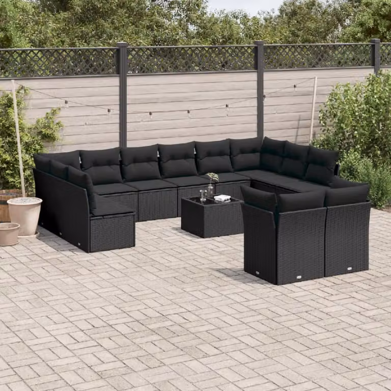 Set di divani da giardino vidaXL a forma di U in polyrattan nero con cuscini e tavolino da esterno