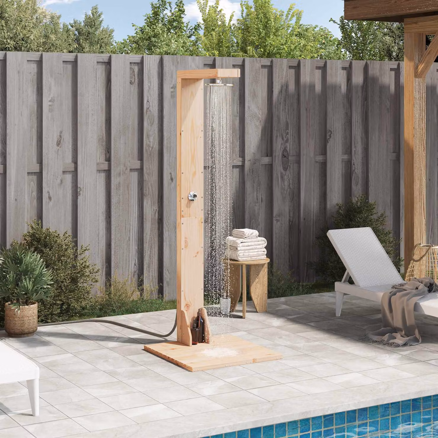 Doccia da esterno vidaXL in legno massello di pino e acciaio inox, colore marrone, Altezza: 210 cm