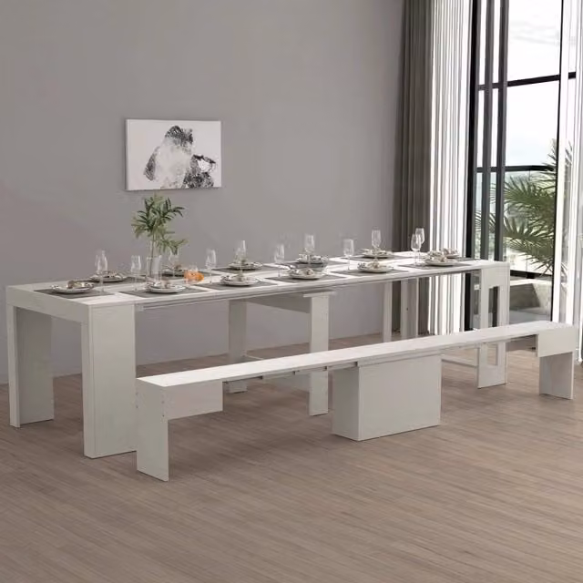Set tavolo e sedie Badenia bianco, composizione multiuso con consolle e panca allungabile, design moderno per cucina e sala da pranzo, L: 66 cm, H: 45 cm