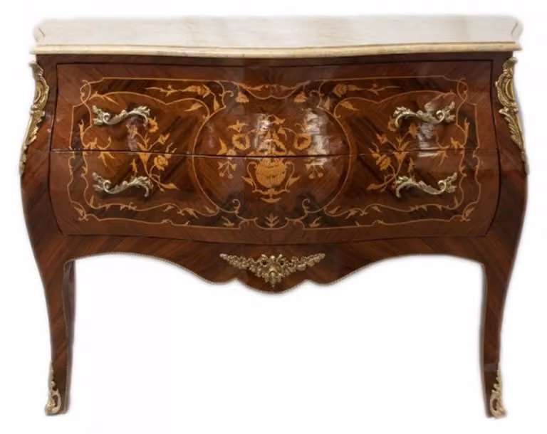 Comò in stile barocco "Casa Padrino", in legno di mogano marrone, con intarsi e piano in marmo, dimensioni 100 x 45 x 85 cm