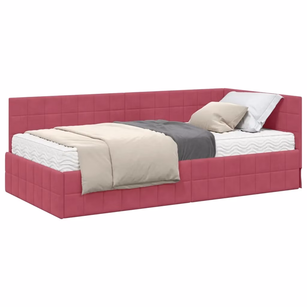 Letto angolare moderno vidaXL con 2 materassi in schiuma, struttura imbottita in velluto rosso, L/P/H: 204 x 90 x 151 cm – 2