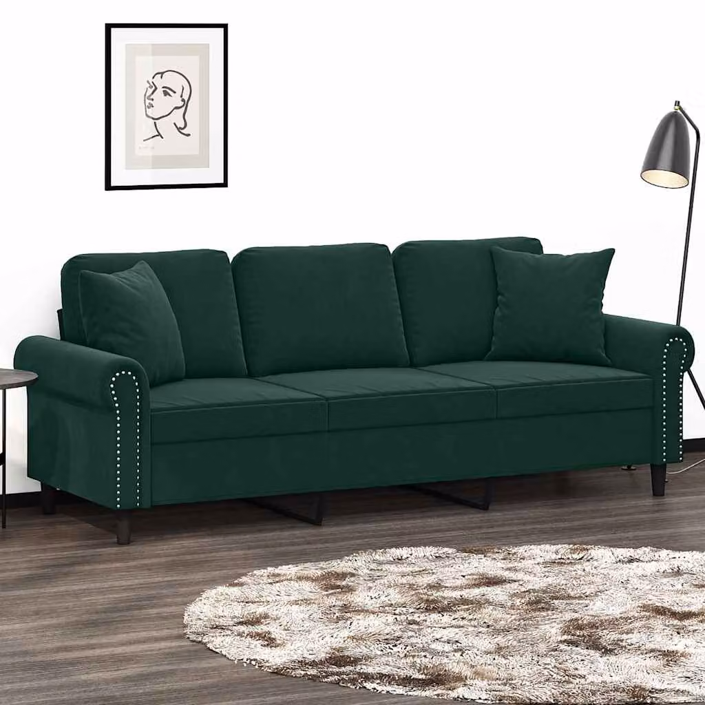 vidaXL Divano a 3 Posti Moderno in Velluto Verde con Cuscini e Struttura in Metallo L: 212 cm, P: 80 cm, H: 77 cm – 1