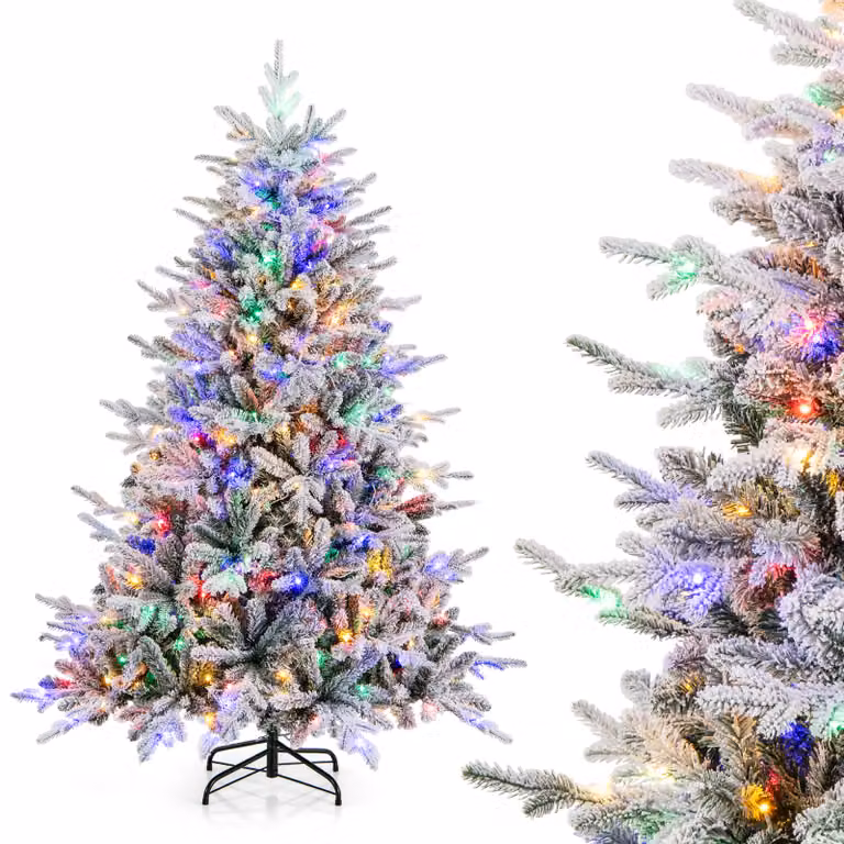COSTWAY Albero di Natale artificiale da 180 cm, albero di Natale floccato con 260 luci LED multicolore, 8 modalità di illuminazione e 820 punte di rami, albero di Natale illuminato per casa, negozio e ufficio