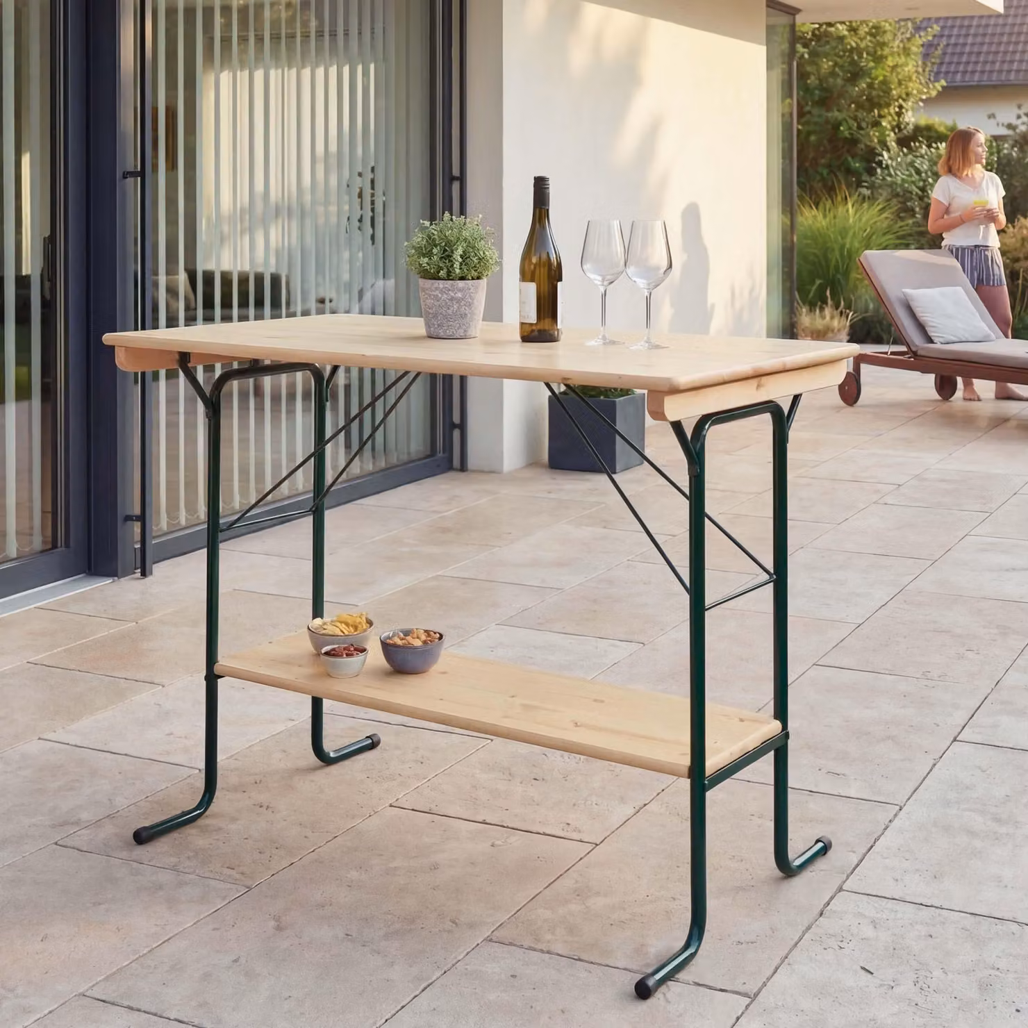 Tavolo da bar HWC-L67, tavolo da giardino tavolo da birra tavolo da tenda tavolo da campeggio, pieghevole in metallo legno di pino 110x125x70cm