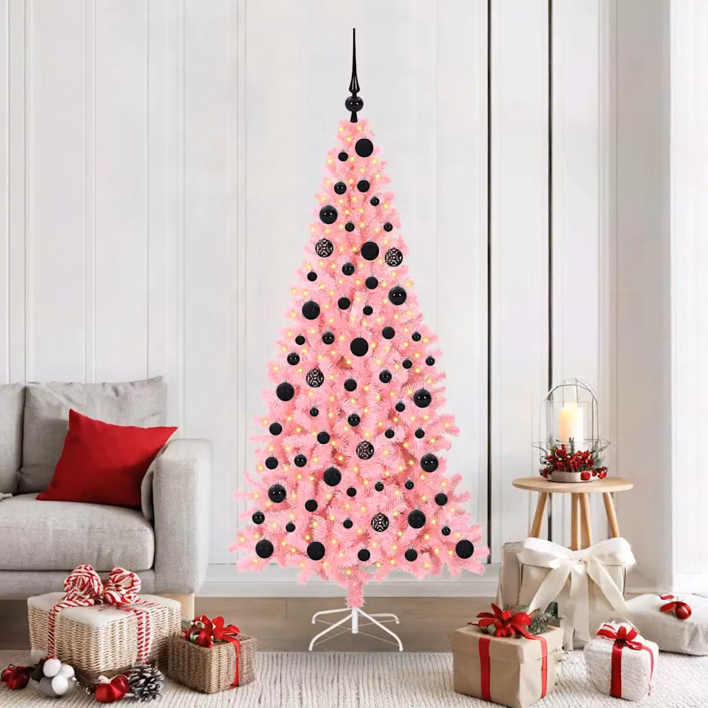 Albero di Natale moderno vidaXL rosa con luci LED bianco caldo in PVC, Altezza: 180 cm