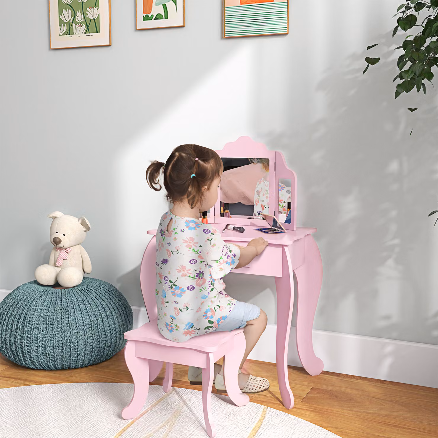 Tavolo da trucco per bambini HOMCOM con sgabello e triplo specchio in legno e acrilico, colore rosa, L 63 x P 40 x H 85.5 cm – 2