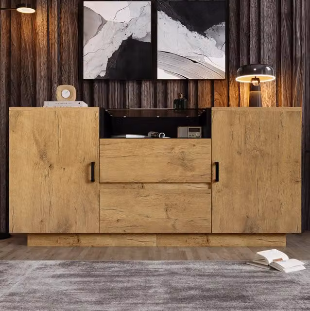 Credenza 140x40x70 cm con 2 cassetti; 2 ante e vano aperto in legno; vetro e metallo rovere chiaro
