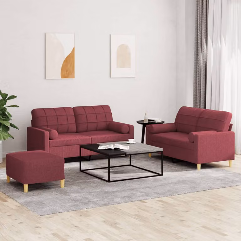 Set di divani 3 pezzi vidaXL in tessuto rosso con cuscini per soggiorno