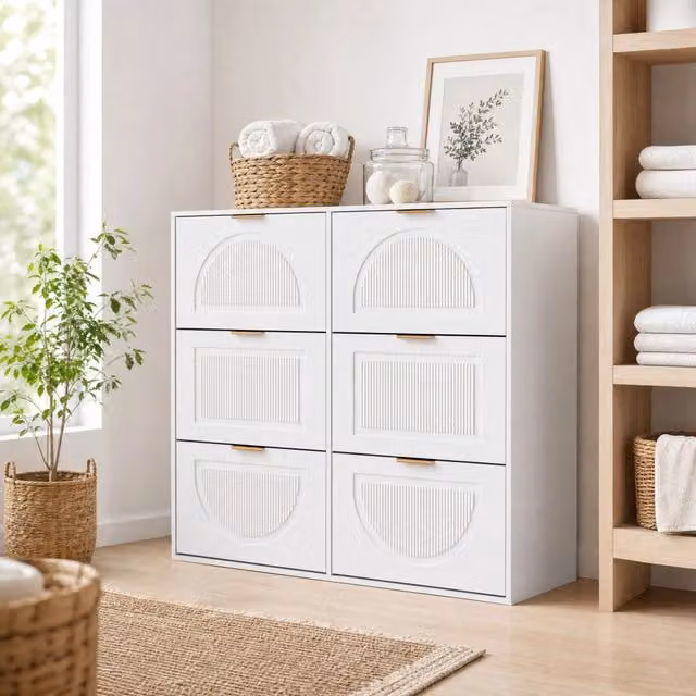 Scarpiera con 6 scomparti girevoli; MDF e pannello truciolare; 118 x 25 x 115 cm; bianca