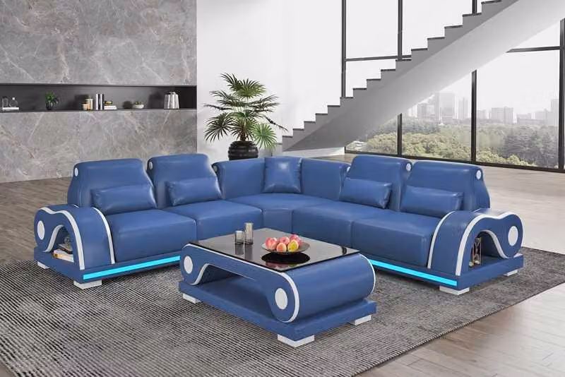 Ecksofa Ledersofa L-Form Couch Sofa Blau Luxus Moderne Eckgarnitur Couchen